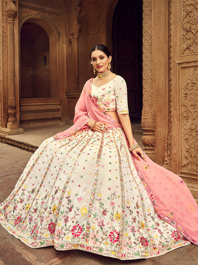 Beige Thread And Sequins Embroidered Georgette Festive & Party Wear Semi Stitched Lehenga Clothsvilla