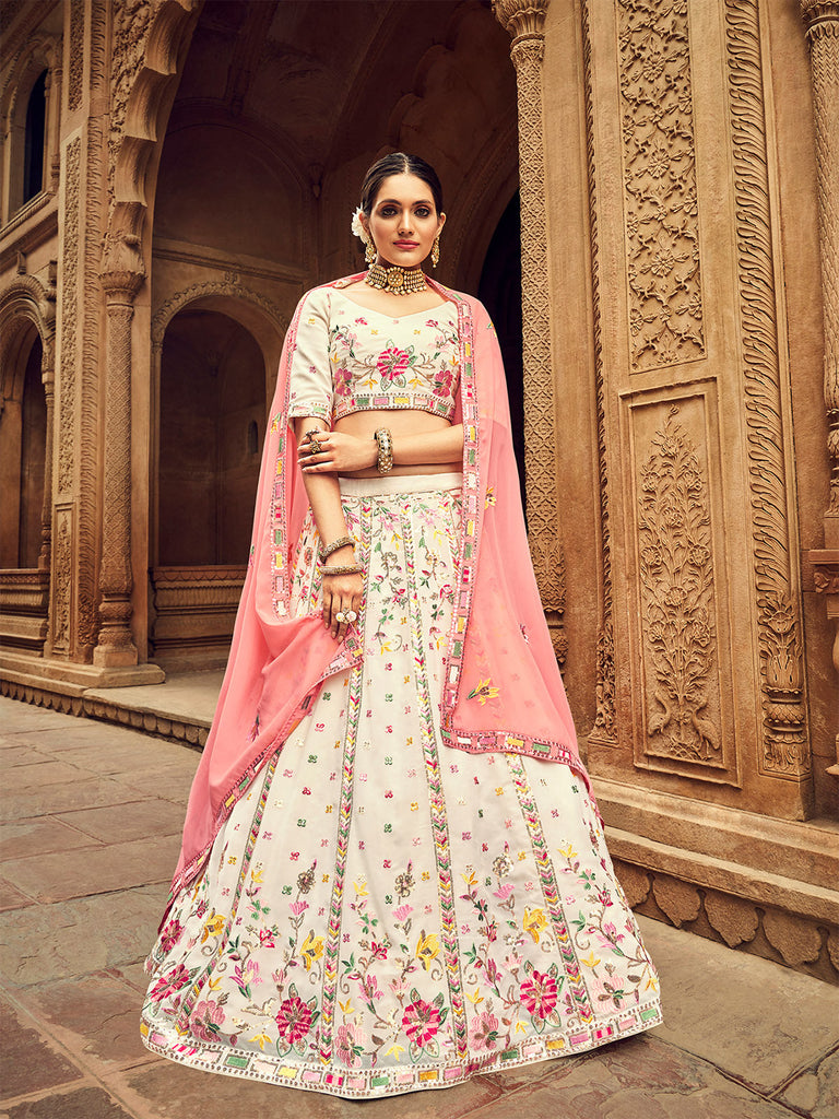 Beige Thread And Sequins Embroidered Georgette Festive & Party Wear Semi Stitched Lehenga Clothsvilla