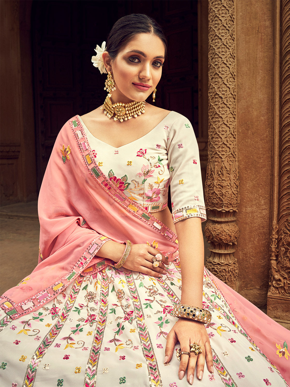 Beige Thread And Sequins Embroidered Georgette Festive & Party Wear Semi Stitched Lehenga Clothsvilla