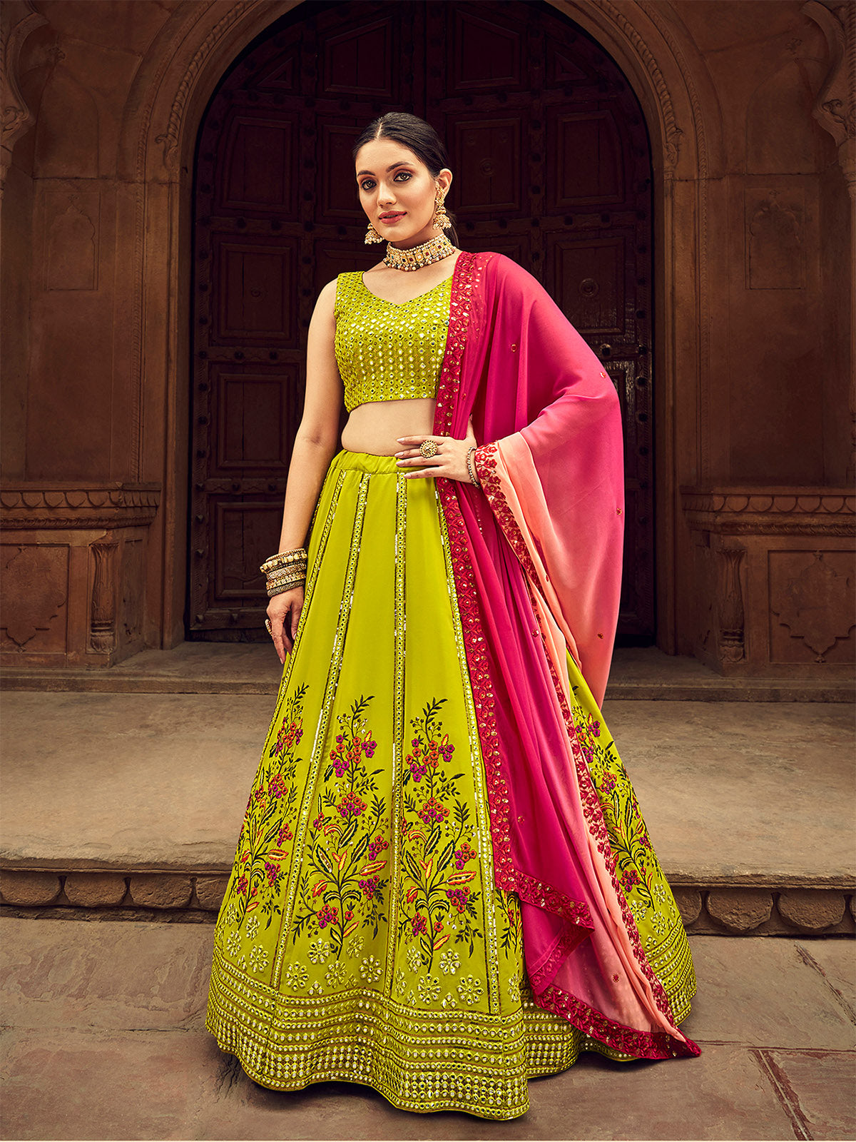 Fluorescent Green Thread And Sequins Embroidered Georgette Festive & Party Wear Semi Stitched Lehenga Clothsvilla