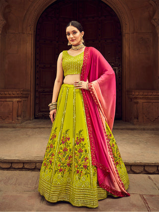 Fluorescent Green Thread And Sequins Embroidered Georgette Festive & Party Wear Semi Stitched Lehenga Clothsvilla