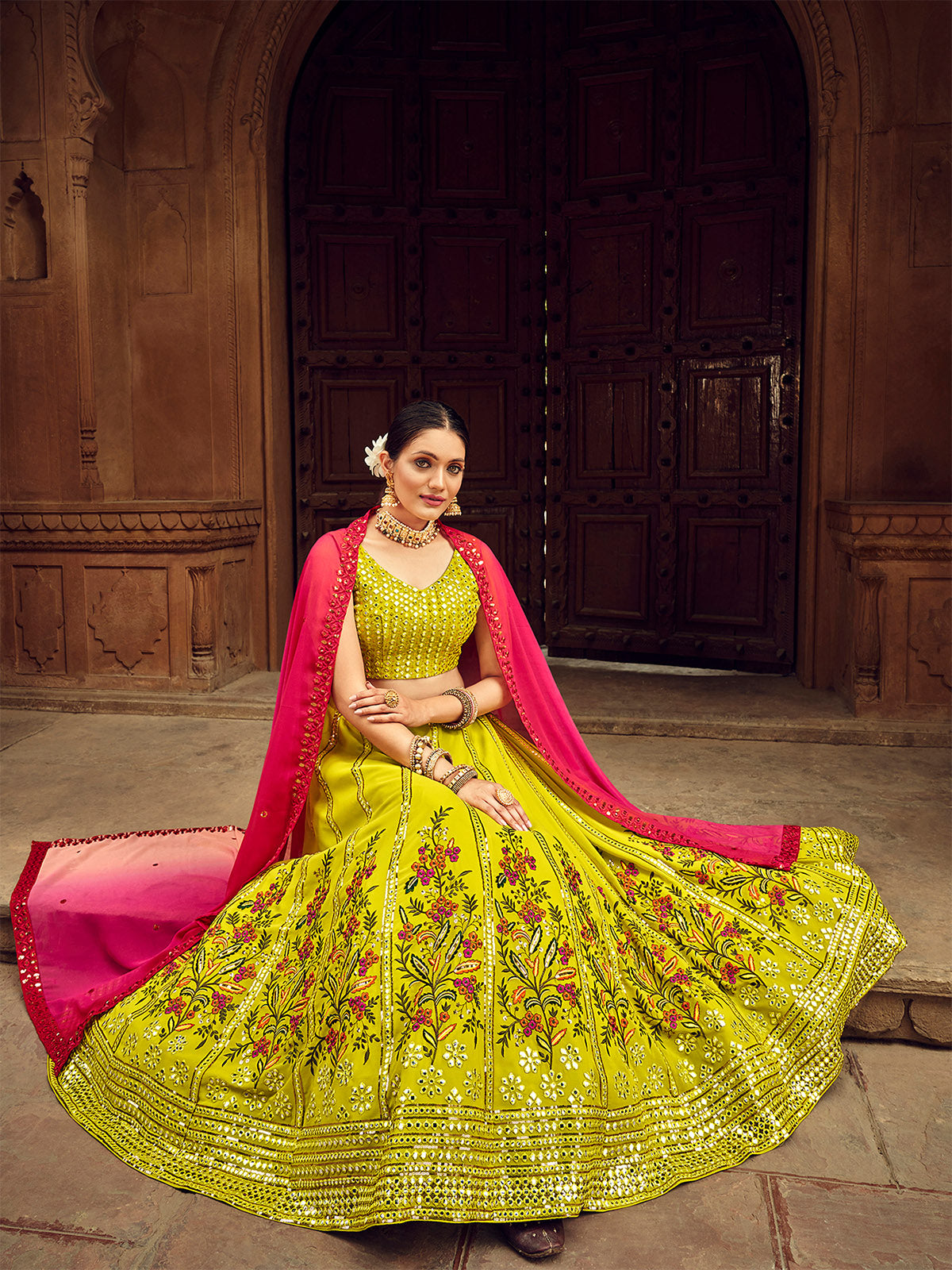 Fluorescent Green Thread And Sequins Embroidered Georgette Festive & Party Wear Semi Stitched Lehenga Clothsvilla