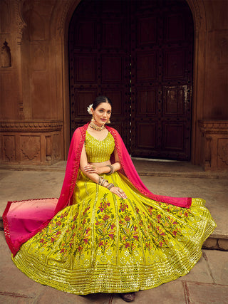 Fluorescent Green Thread And Sequins Embroidered Georgette Festive & Party Wear Semi Stitched Lehenga Clothsvilla