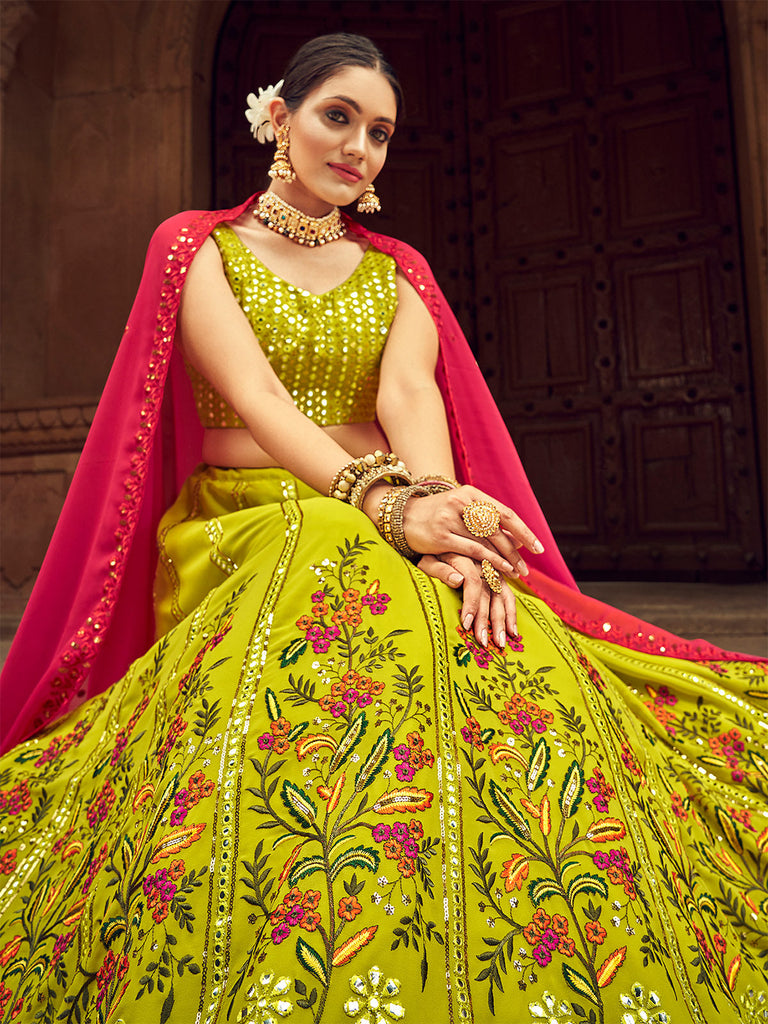 Fluorescent Green Thread And Sequins Embroidered Georgette Festive & Party Wear Semi Stitched Lehenga Clothsvilla