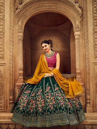 Green Thread And Sequins Embroidered Georgette Festive & Party Wear Semi Stitched Lehenga Clothsvilla