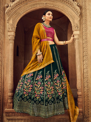 Green Thread And Sequins Embroidered Georgette Festive & Party Wear Semi Stitched Lehenga Clothsvilla