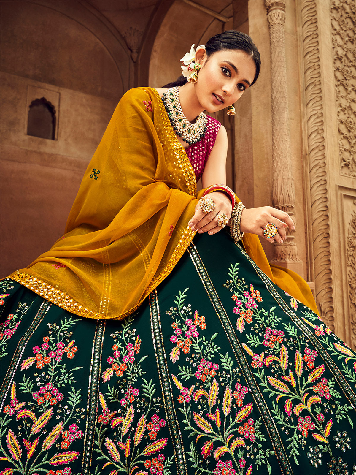 Green Thread And Sequins Embroidered Georgette Festive & Party Wear Semi Stitched Lehenga Clothsvilla