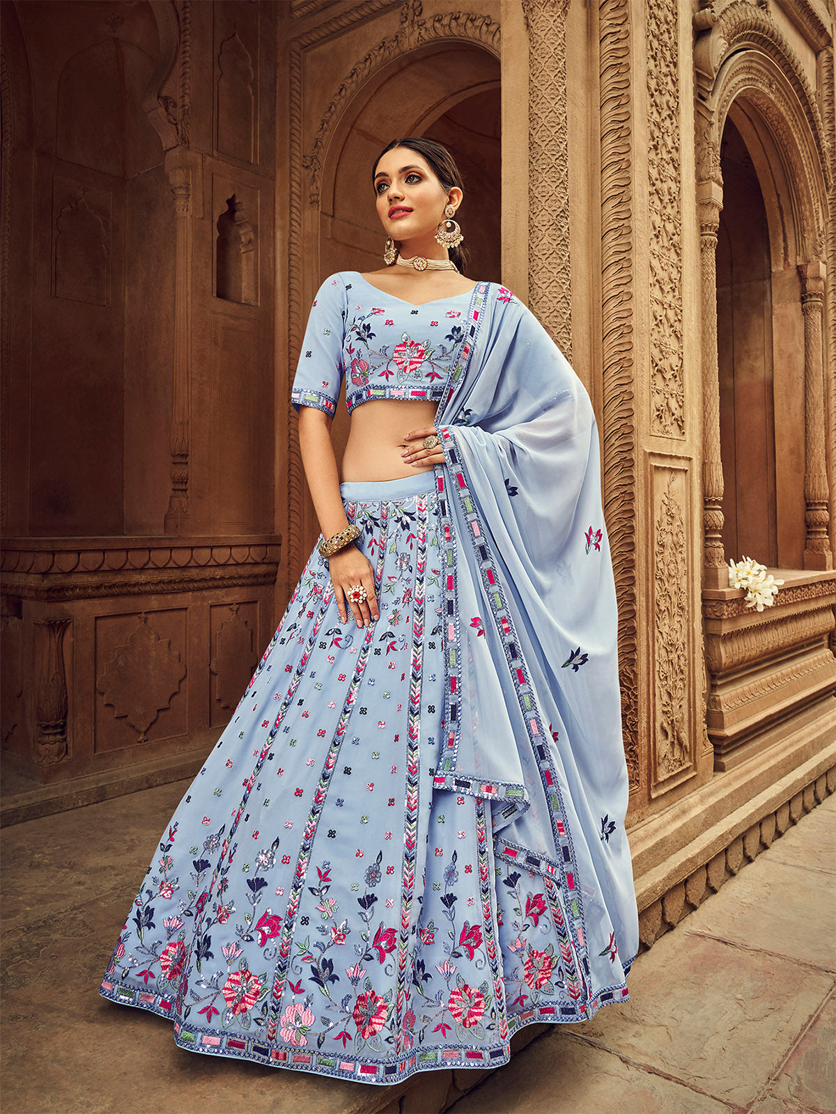 Sky Blue Thread And Sequins Embroidered Georgette Festive & Party Wear Semi Stitched Lehenga Clothsvilla