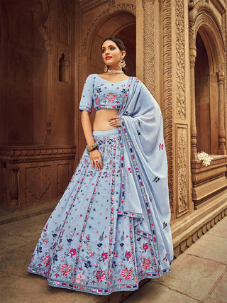 Sky Blue Thread And Sequins Embroidered Georgette Festive & Party Wear Semi Stitched Lehenga Clothsvilla
