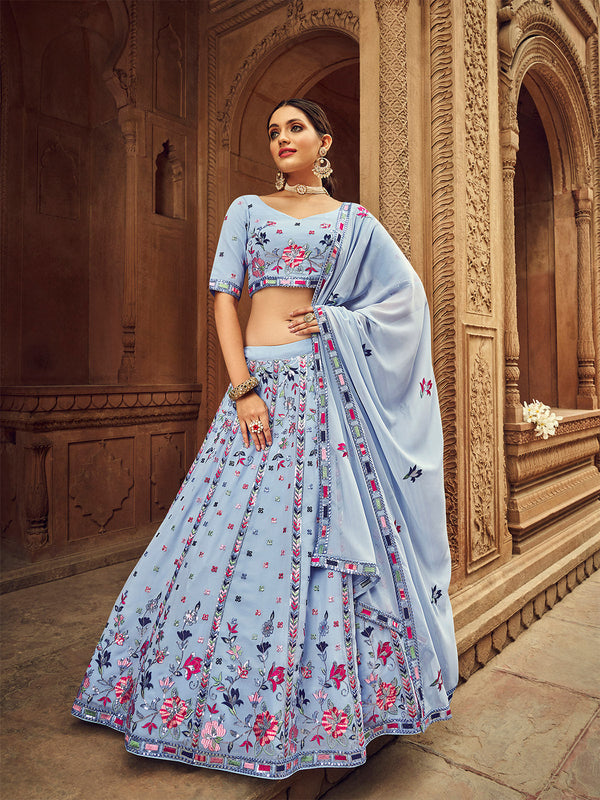 Sky Blue Thread And Sequins Embroidered Georgette Festive & Party Wear Semi Stitched Lehenga Clothsvilla