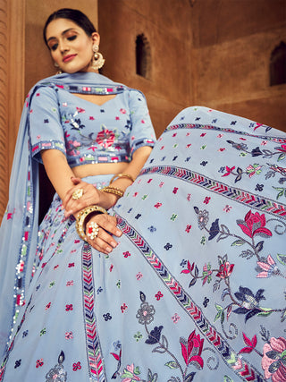 Sky Blue Thread And Sequins Embroidered Georgette Festive & Party Wear Semi Stitched Lehenga Clothsvilla