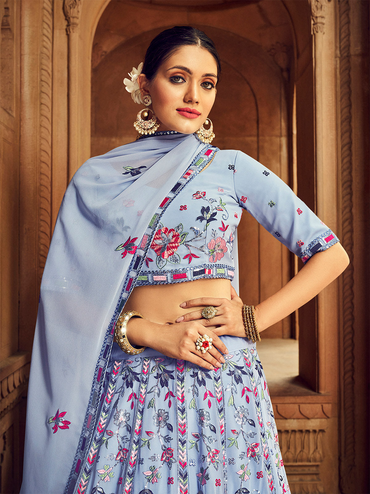 Sky Blue Thread And Sequins Embroidered Georgette Festive & Party Wear Semi Stitched Lehenga Clothsvilla