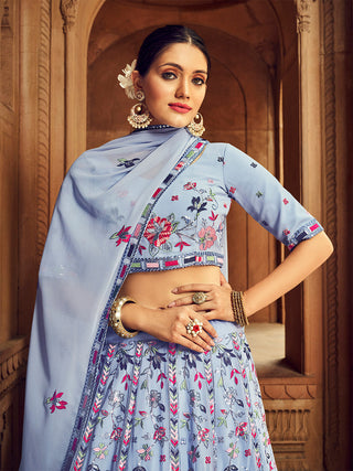 Sky Blue Thread And Sequins Embroidered Georgette Festive & Party Wear Semi Stitched Lehenga Clothsvilla