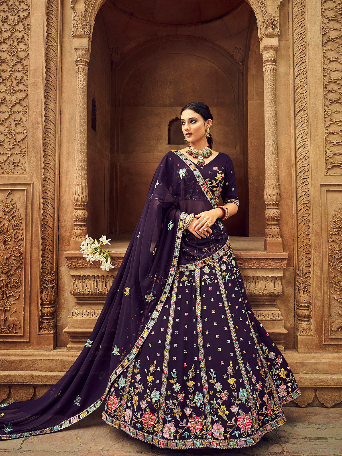 Purple Thread And Sequins Embroidered Georgette Festive & Party Wear Semi Stitched Lehenga Clothsvilla