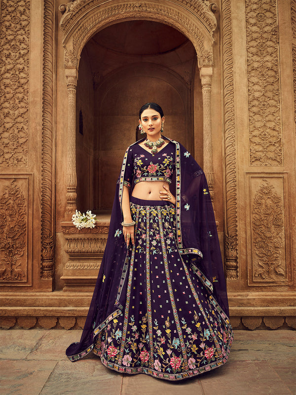 Purple Thread And Sequins Embroidered Georgette Festive & Party Wear Semi Stitched Lehenga Clothsvilla