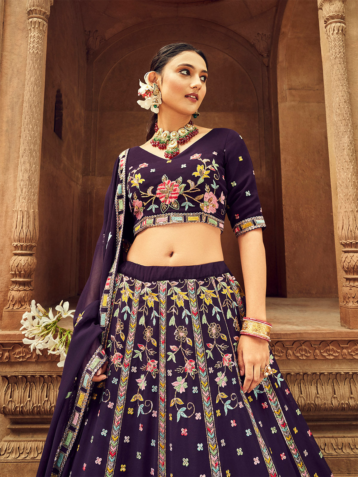 Purple Thread And Sequins Embroidered Georgette Festive & Party Wear Semi Stitched Lehenga Clothsvilla