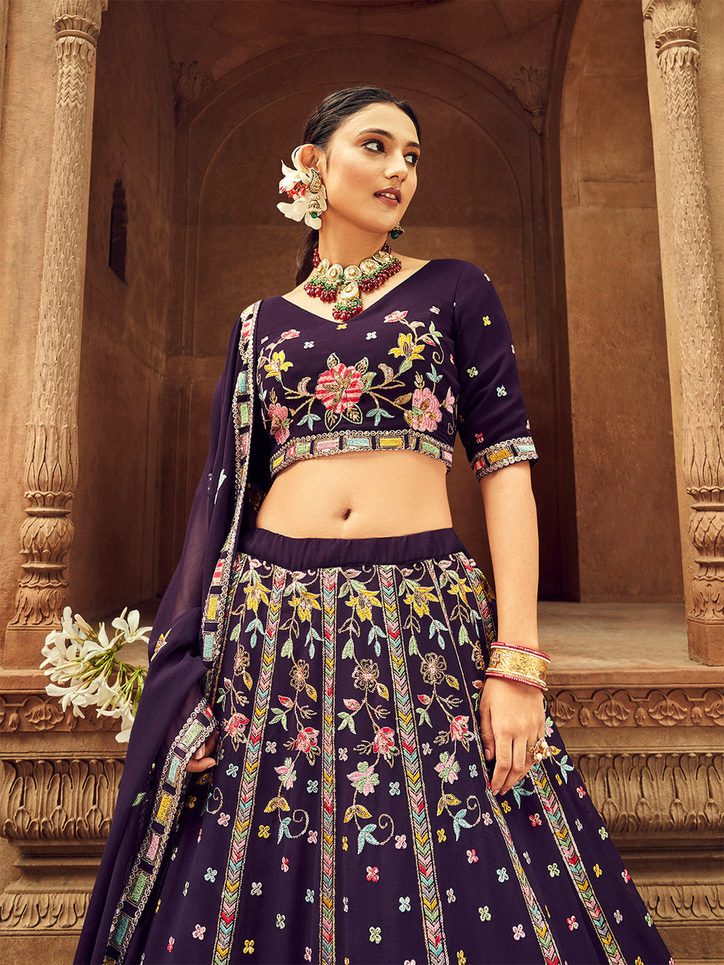 Purple Thread And Sequins Embroidered Georgette Festive & Party Wear Semi Stitched Lehenga Clothsvilla