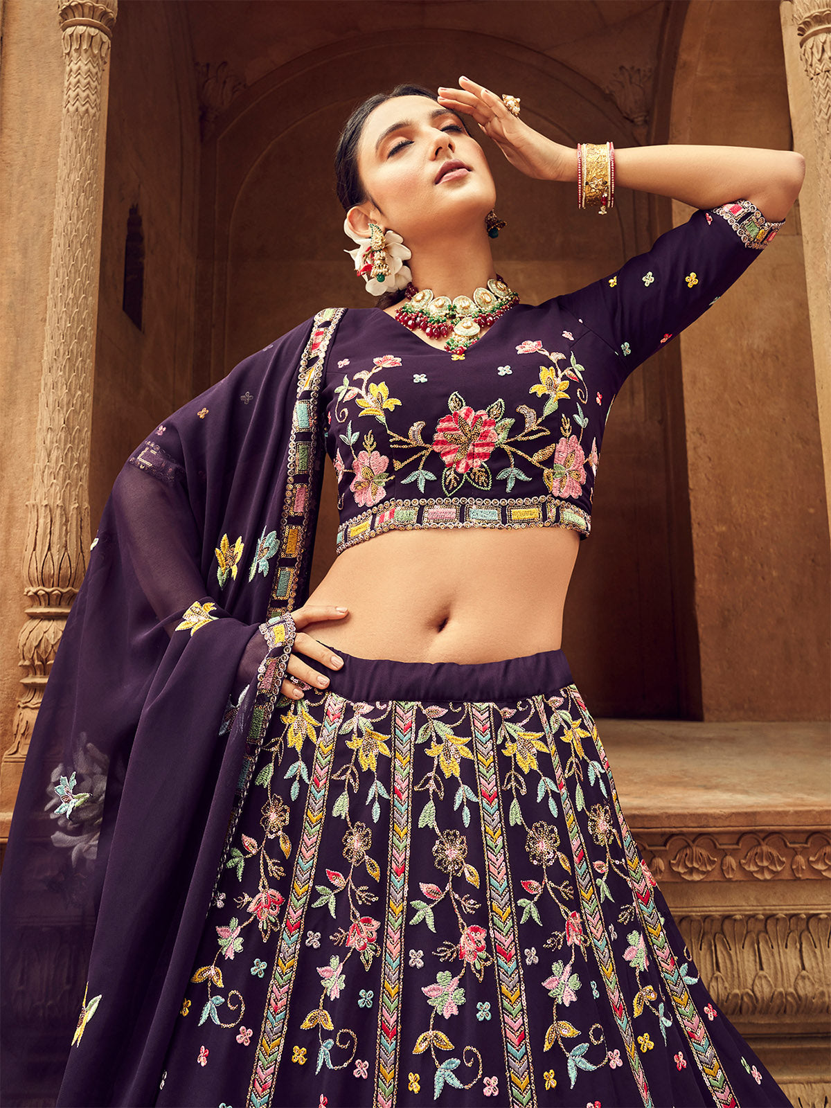 Purple Thread And Sequins Embroidered Georgette Festive & Party Wear Semi Stitched Lehenga Clothsvilla