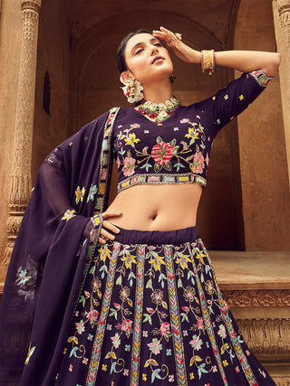 Purple Thread And Sequins Embroidered Georgette Festive & Party Wear Semi Stitched Lehenga Clothsvilla