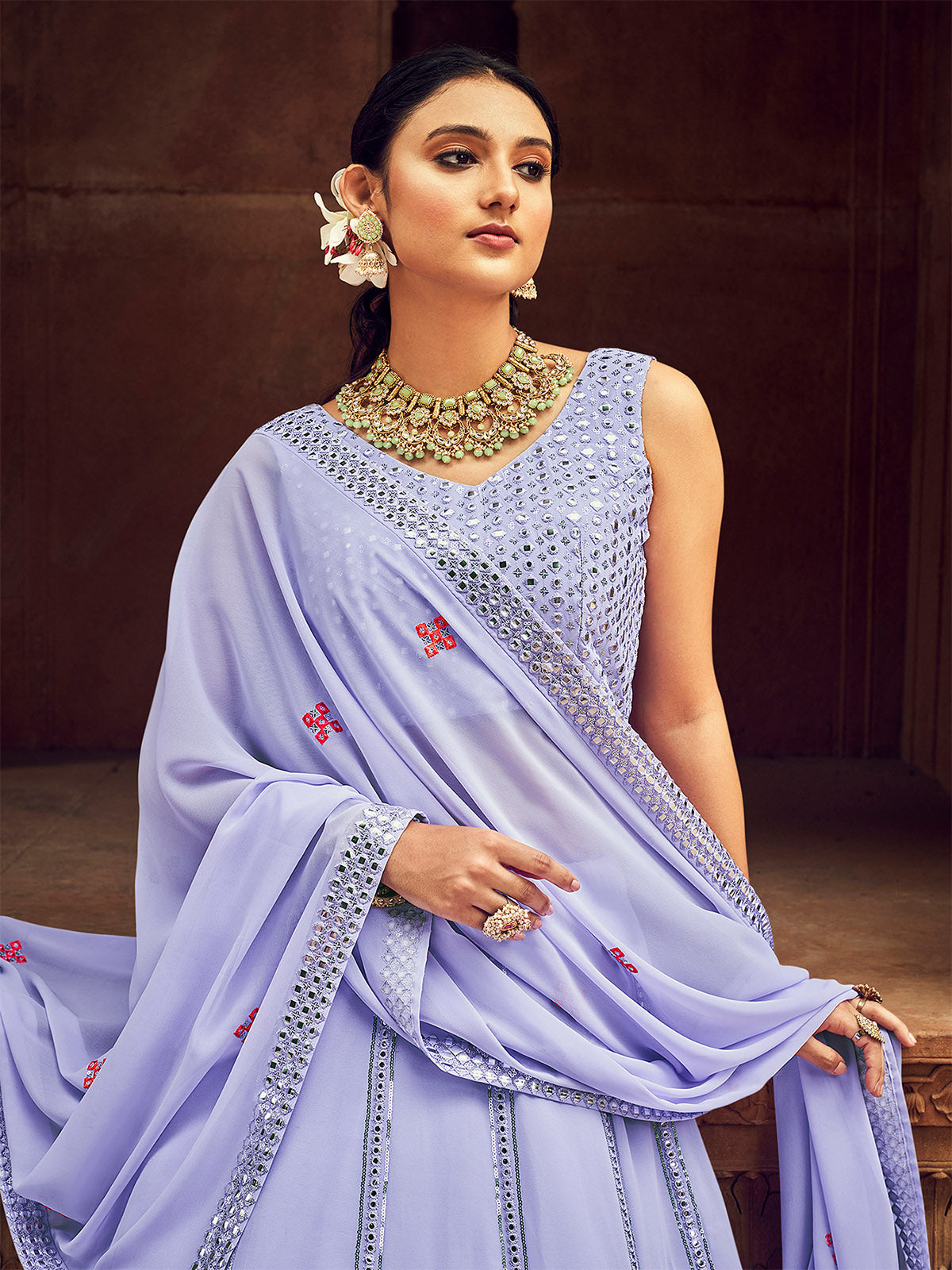 Lavender Thread And Sequins Embroidered Georgette Festive & Party Wear Semi Stitched Lehenga Clothsvilla