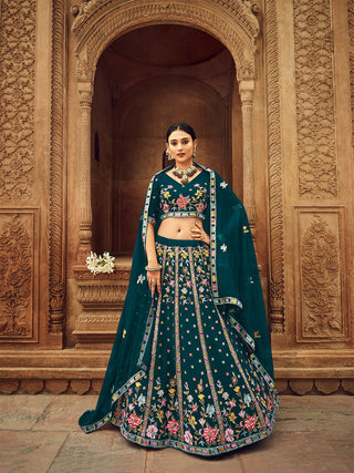 Teal Blue Thread And Sequins Embroidered Georgette Festive & Party Wear Semi Stitched Lehenga Clothsvilla
