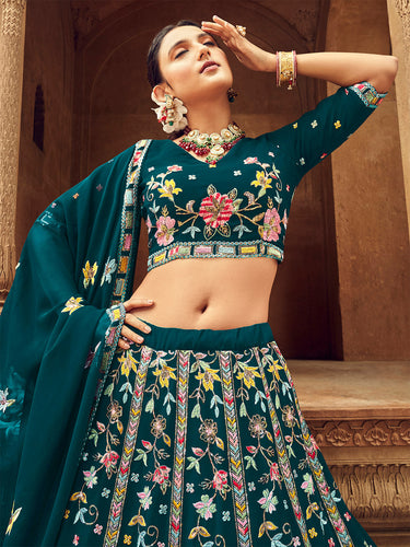 Teal Blue Thread And Sequins Embroidered Georgette Festive & Party Wear Semi Stitched Lehenga Clothsvilla