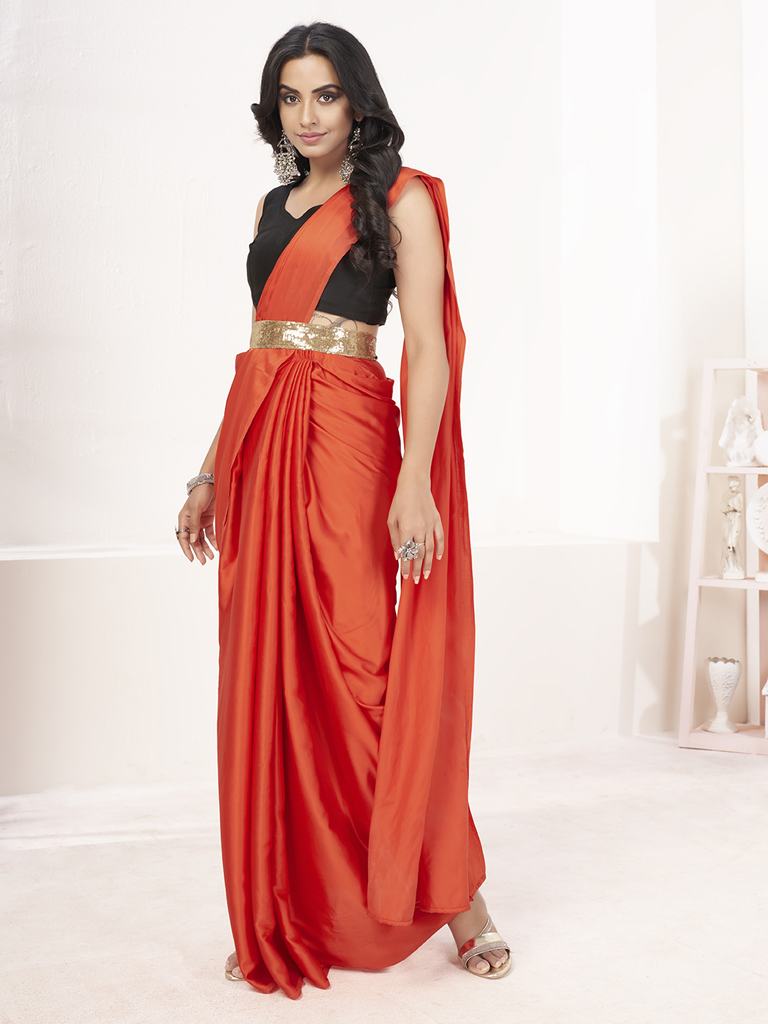 Saffron Orange Ready to Wear One Minute Lycra Saree ClothsVilla