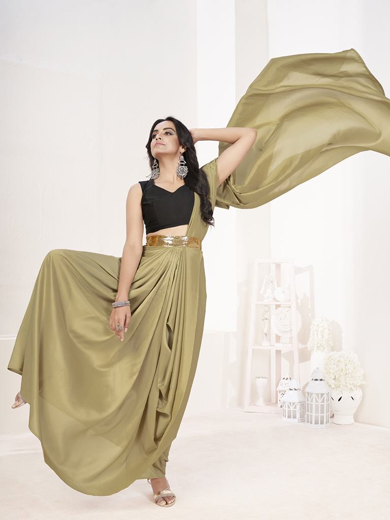 Sage Green Ready to Wear One Minute Lycra Saree ClothsVilla