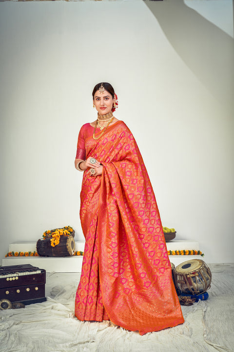 Sangeet Wear Art Silk Fabric Weaving Work Saree In Peach Color ClothsVilla Main image