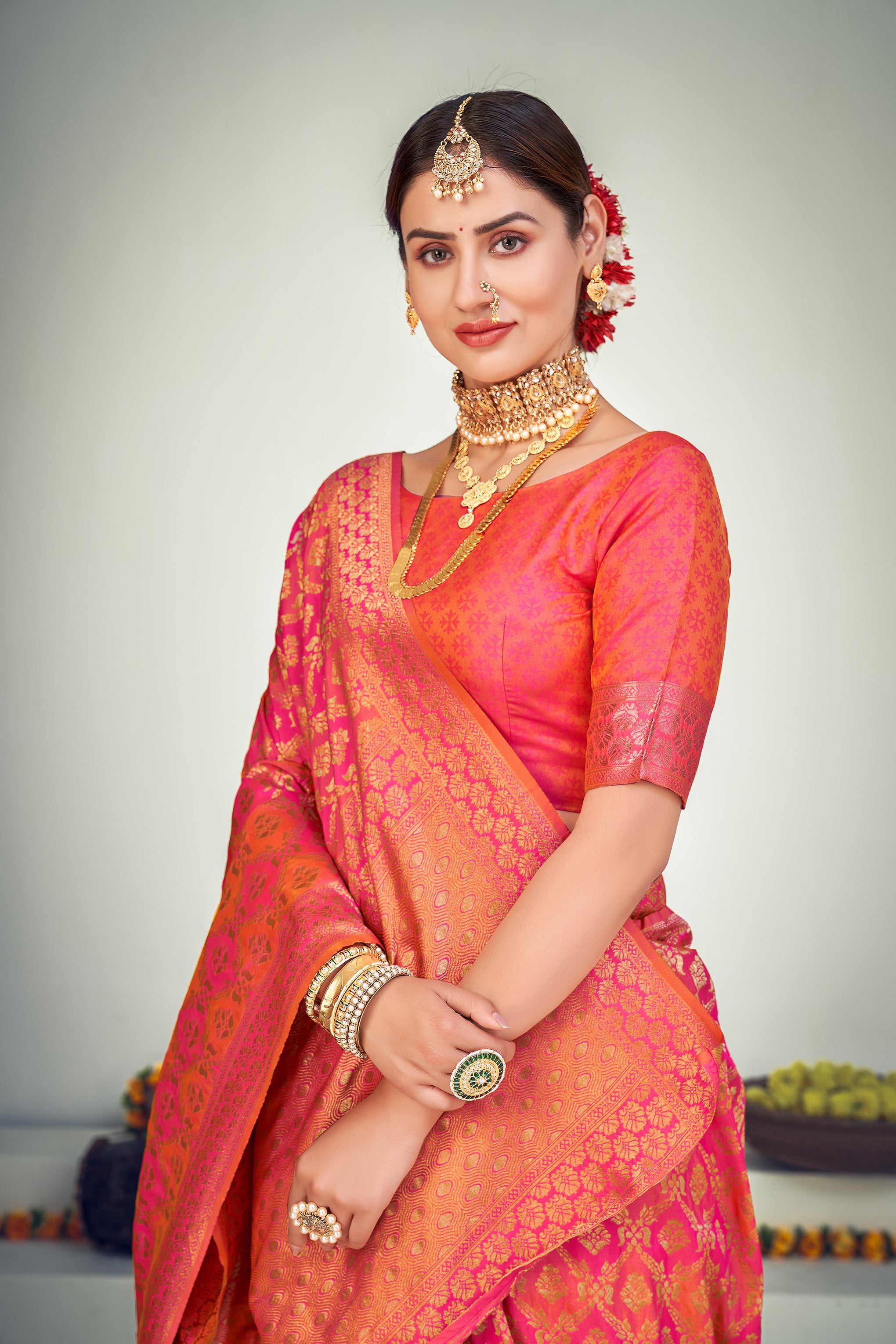 Sangeet Wear Art Silk Fabric Weaving Work Saree In Peach Color ClothsVilla