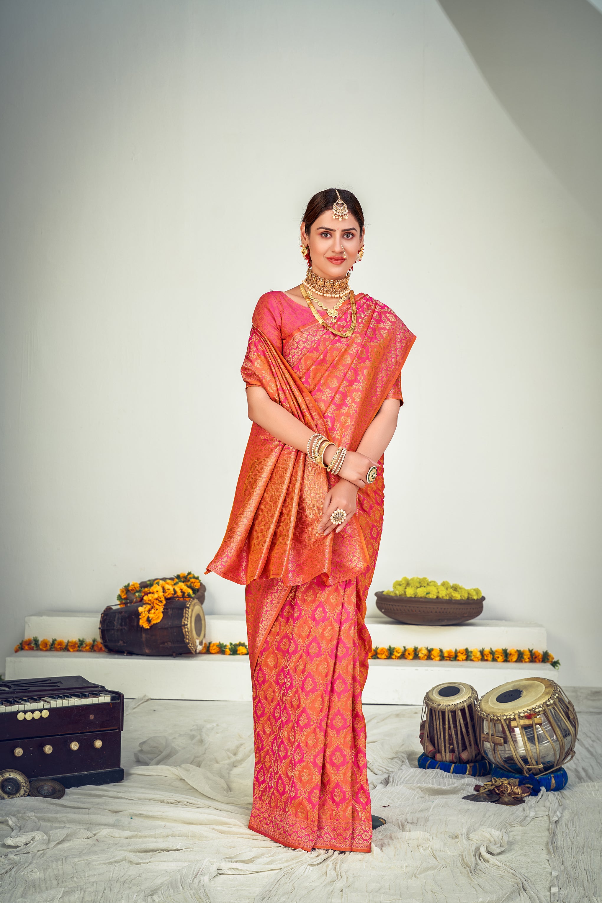 Sangeet Wear Art Silk Fabric Weaving Work Saree In Peach Color ClothsVilla
