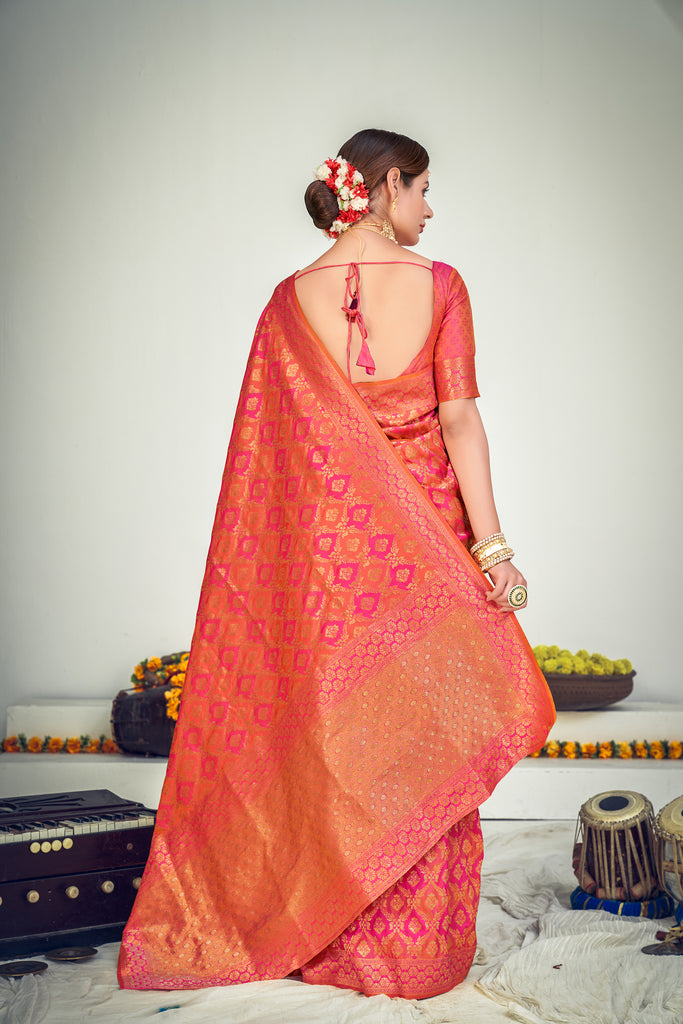 Sangeet Wear Art Silk Fabric Weaving Work Saree In Peach Color ClothsVilla