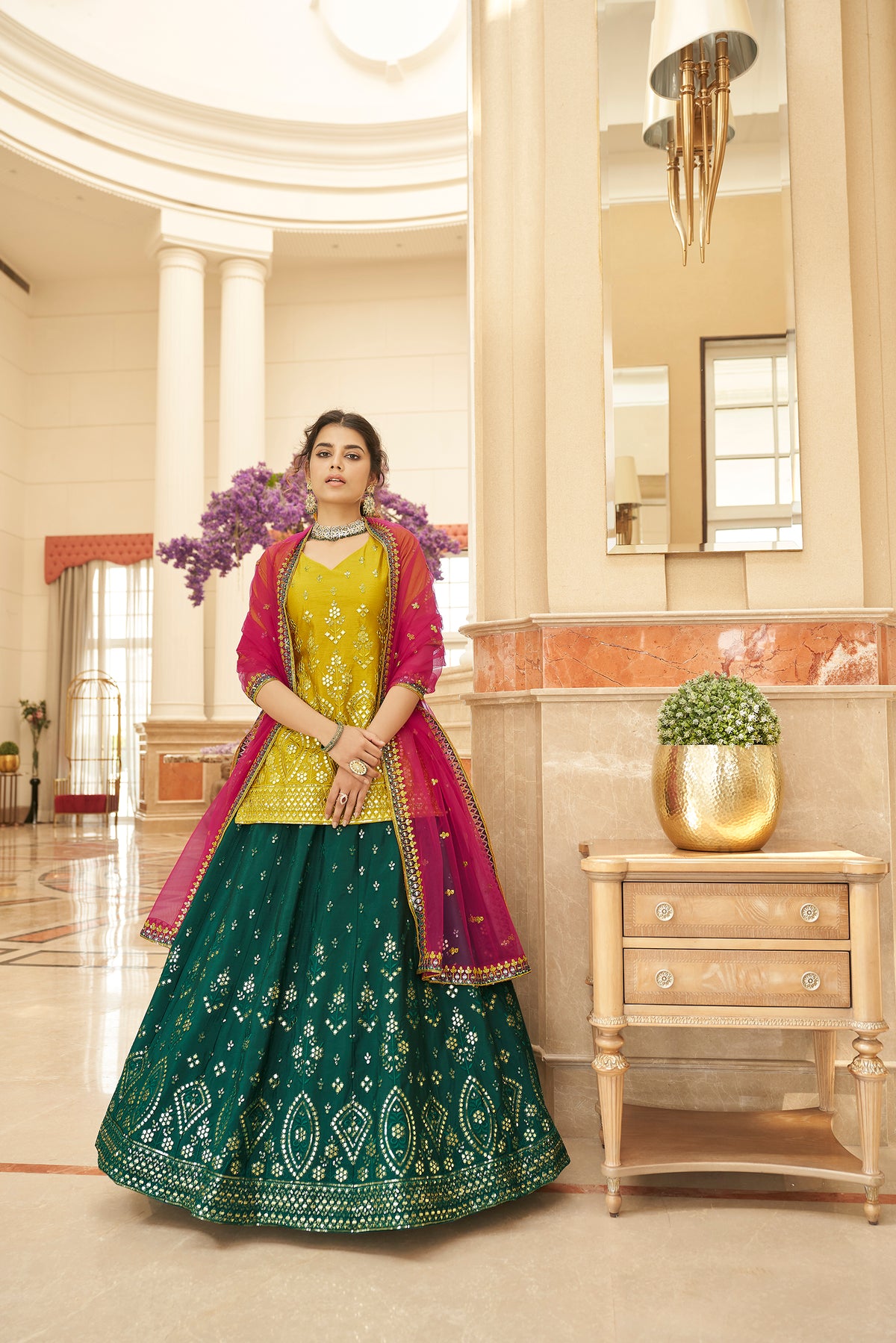 Sangeet Wear Chiffon Fabric Dark Green Color Spectacular Embroidered Work Lehenga ClothsVilla Main image
