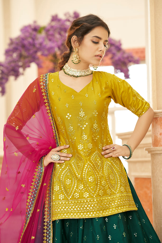 Sangeet Wear Chiffon Fabric Dark Green Color Spectacular Embroidered Work Lehenga ClothsVilla