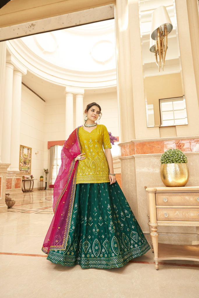 Sangeet Wear Chiffon Fabric Dark Green Color Spectacular Embroidered Work Lehenga ClothsVilla