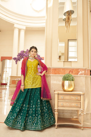 Sangeet Wear Chiffon Fabric Dark Green Color Spectacular Embroidered Work Lehenga ClothsVilla