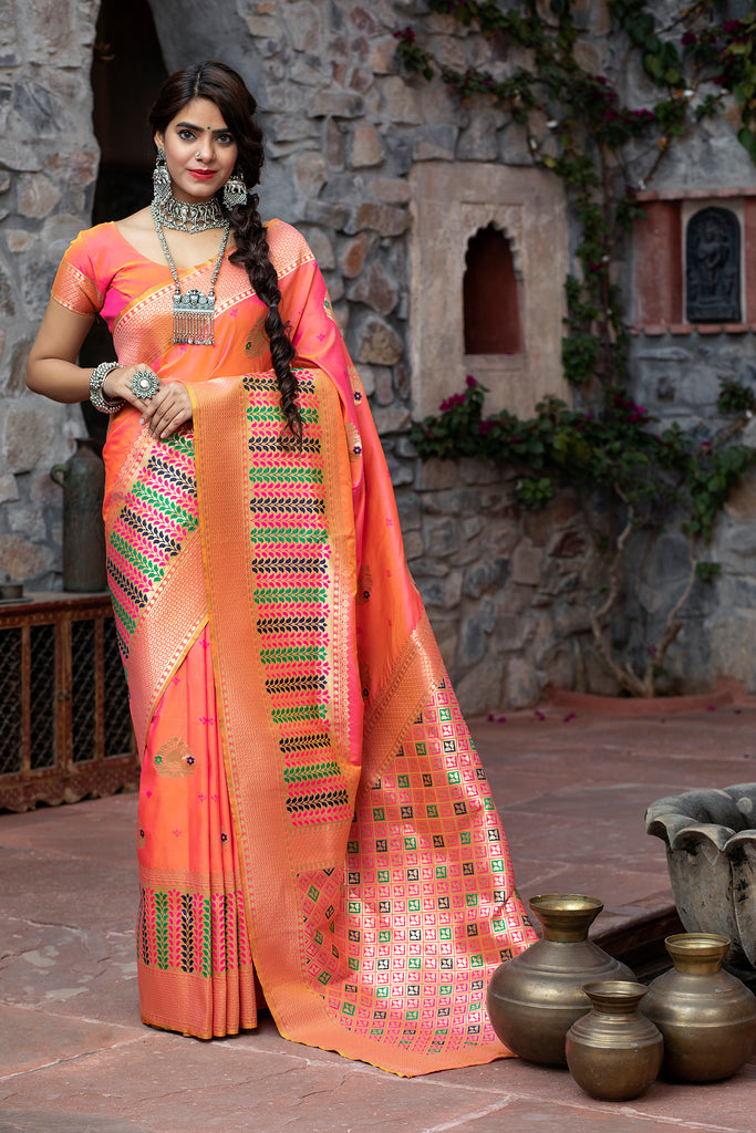 Sangeet Wear Peach Color Art Silk Fabric Fancy Weaving Work Saree ClothsVilla