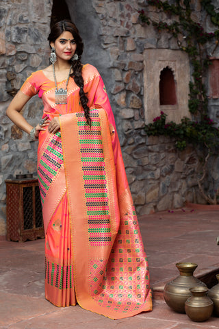 Sangeet Wear Peach Color Art Silk Fabric Fancy Weaving Work Saree ClothsVilla