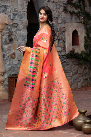 Sangeet Wear Peach Color Art Silk Fabric Fancy Weaving Work Saree ClothsVilla