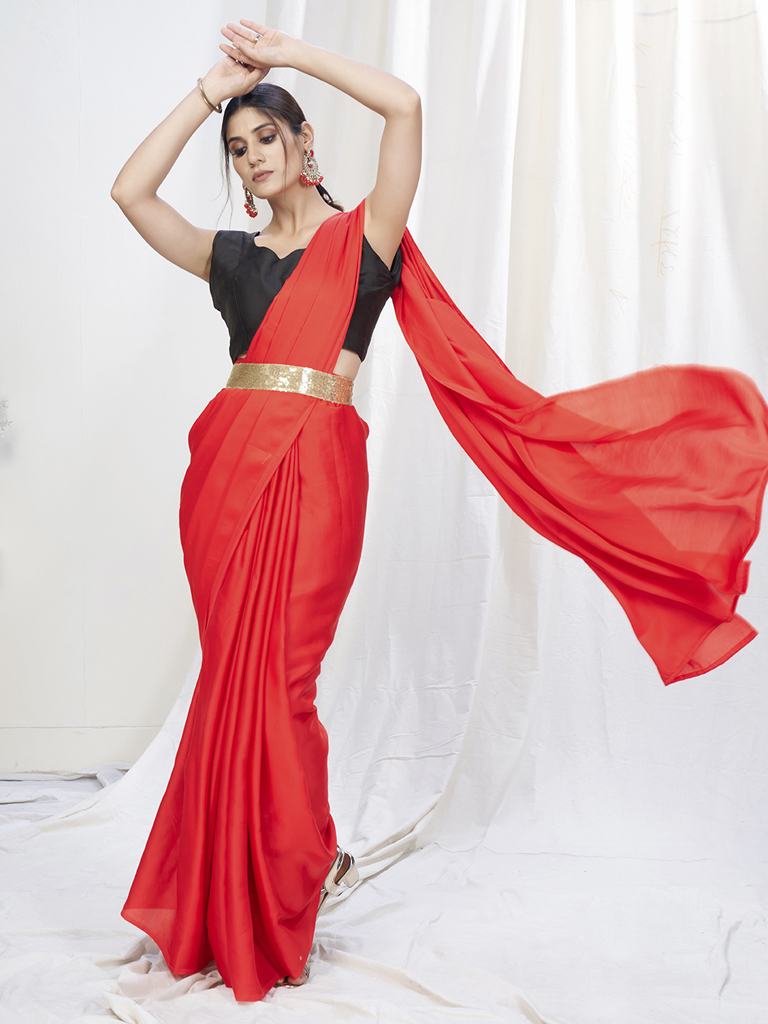 Scarlet Red Ready to Wear One Minute Lycra Saree ClothsVilla