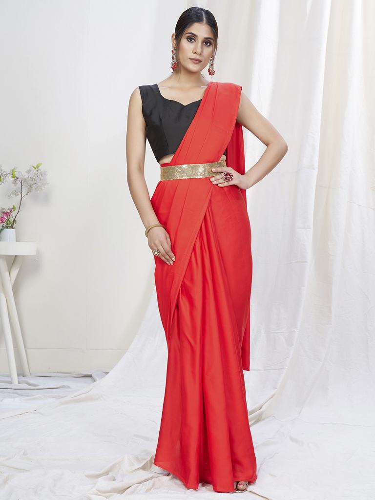 Scarlet Red Ready to Wear One Minute Lycra Saree Secondary image