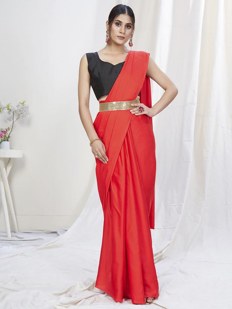 Scarlet Red Ready to Wear One Minute Lycra Saree ClothsVilla