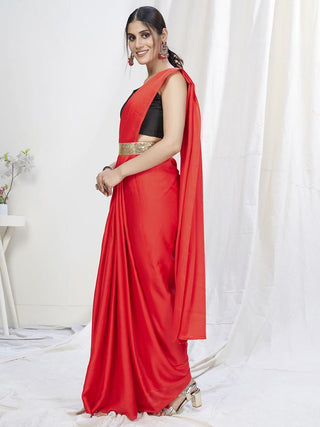 Scarlet Red Ready to Wear One Minute Lycra Saree ClothsVilla
