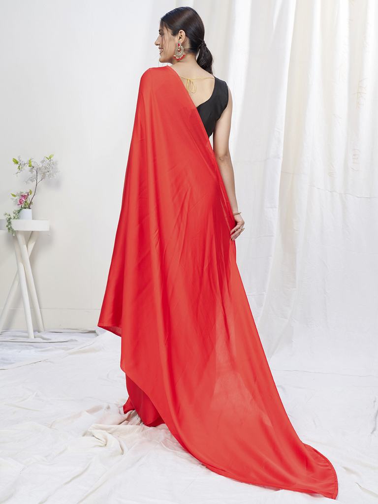 Scarlet Red Ready to Wear One Minute Lycra Saree ClothsVilla