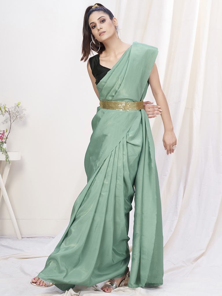 Sea Green Pre-Stitched Blended Silk Saree ClothsVilla Main image