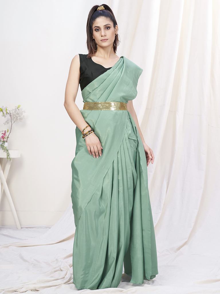 Sea Green Pre-Stitched Blended Silk Saree ClothsVilla