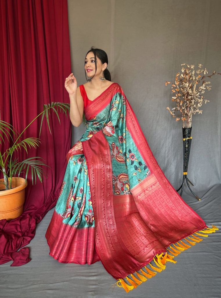 Sea Green Saree in Banarasi Silk with Kalamkari Prints Clothsvilla