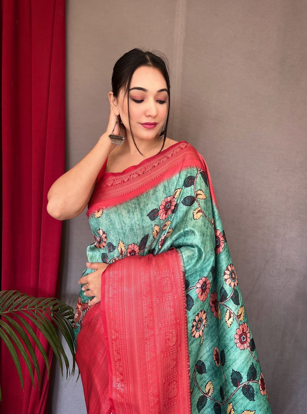 Sea Green Saree in Banarasi Silk with Kalamkari Prints Clothsvilla