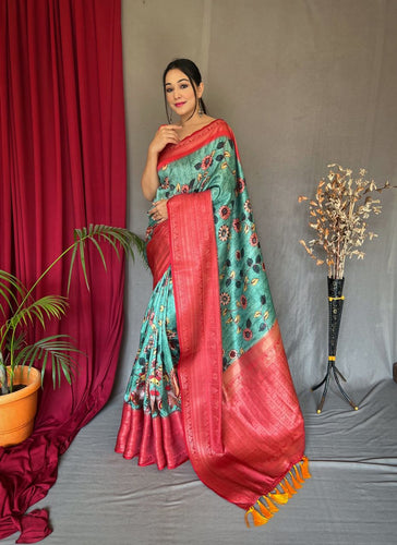 Sea Green Saree in Banarasi Silk with Kalamkari Prints Clothsvilla