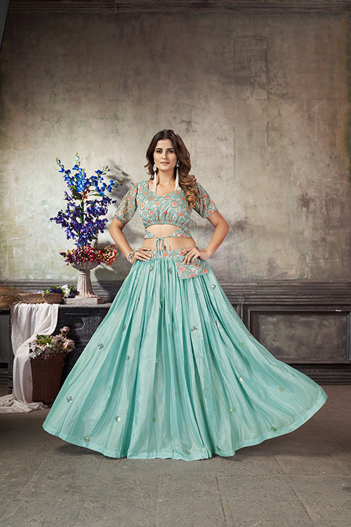 Sea Green Art Silk Thread With Sequins Embroidered Crop-Top Skirt ClothsVilla.com